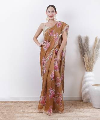 Olive Organza Saree With Unstitched Blouse Without Blouse 4