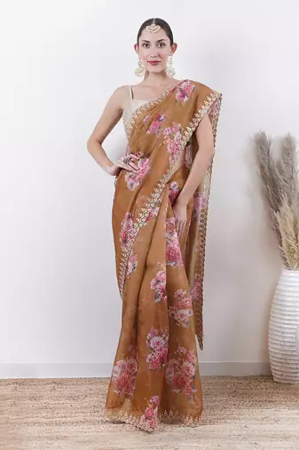 Olive Organza Saree With Unstitched Blouse Without Blouse
