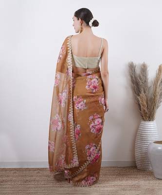 Olive Organza Saree With Unstitched Blouse Without Blouse 5