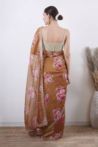 Olive Organza Saree With Unstitched Blouse Without Blouse