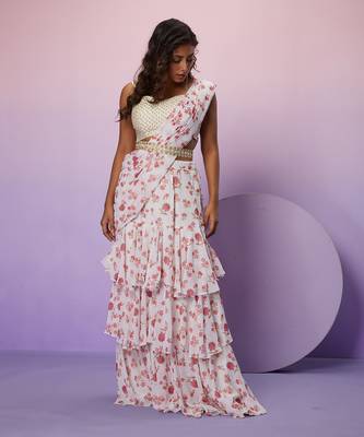 ivory floral printed saree 4