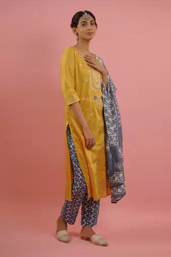 Mahruk yellow embroidered kurta set