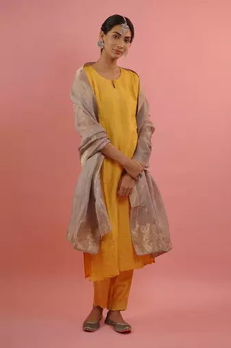 Mahruk yellow and grey silk kurta set
