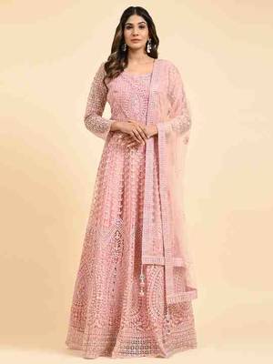JUSTFASHION NET Anarkali Gown  Round Neck PEACH 1