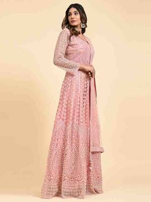 JUSTFASHION NET Anarkali Gown  Round Neck PEACH 2