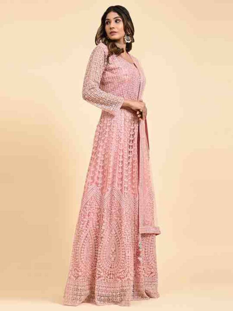 JUSTFASHION NET Anarkali Gown  Round Neck PEACH