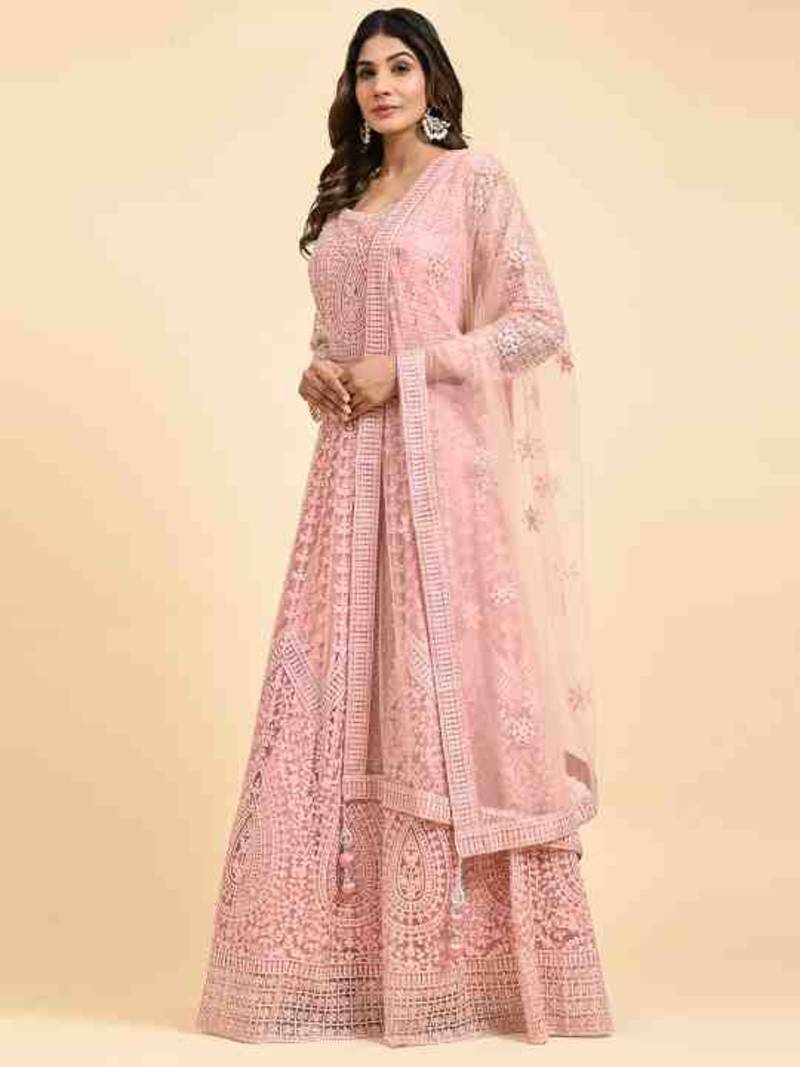 JUSTFASHION NET Anarkali Gown  Round Neck PEACH