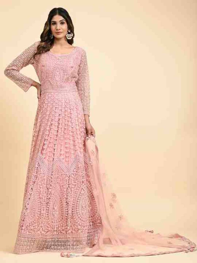 JUSTFASHION NET Anarkali Gown  Round Neck PEACH