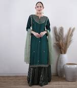 Forest Green Embroidered Kurta And  Lehenga Set With Dupatta