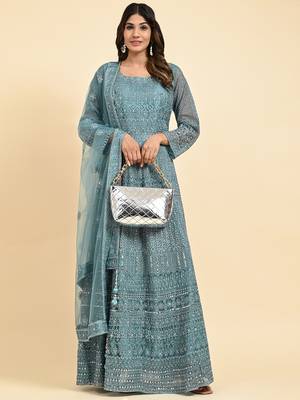 JUSTFASHION NET Anarkali Gown  Round Neck TURQUOISE 1