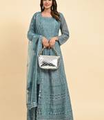JUSTFASHION NET Anarkali Gown  Round Neck TURQUOISE