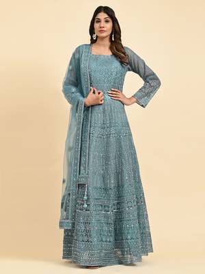 JUSTFASHION NET Anarkali Gown  Round Neck TURQUOISE 2