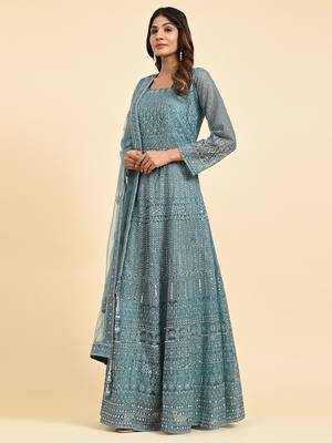 JUSTFASHION NET Anarkali Gown  Round Neck TURQUOISE 3
