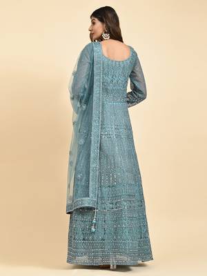 JUSTFASHION NET Anarkali Gown  Round Neck TURQUOISE 4