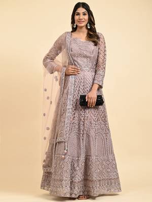 JUSTFASHION NET Anarkali Gown  V Neck BROWN 1