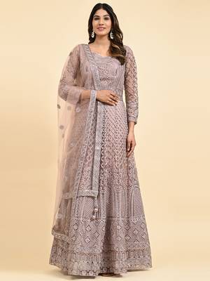 JUSTFASHION NET Anarkali Gown  V Neck BROWN 2