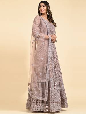 JUSTFASHION NET Anarkali Gown  V Neck BROWN 3