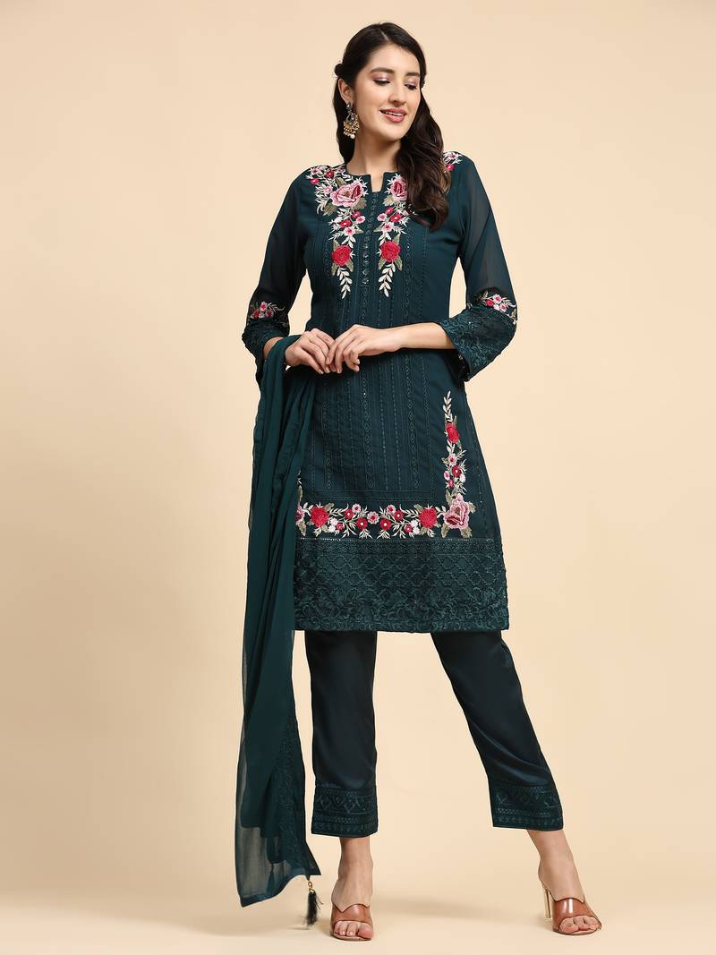 Rama Colour Girlish Resham Embroidered Pakistani Style Suit