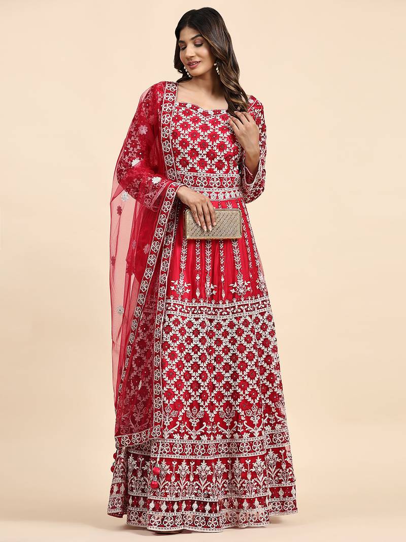 JUSTFASHION NET ANARKALI GOWN V NECK PINK