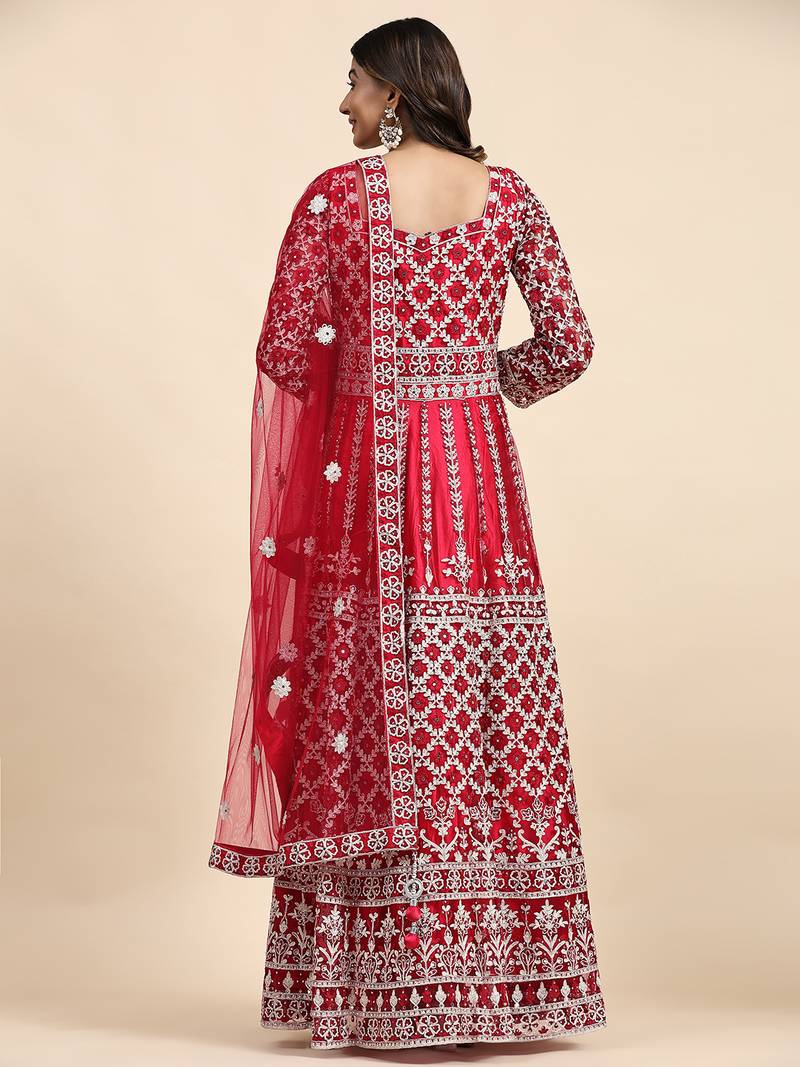 JUSTFASHION NET ANARKALI GOWN V NECK PINK