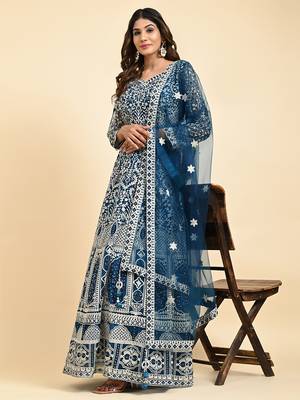 JUSTFASHION NET ANARKALI GOWN V NECK BLUE 1