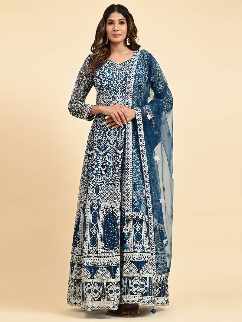 JUSTFASHION NET ANARKALI GOWN V NECK BLUE