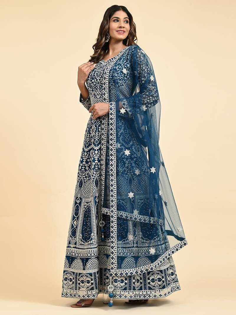 JUSTFASHION NET ANARKALI GOWN V NECK BLUE