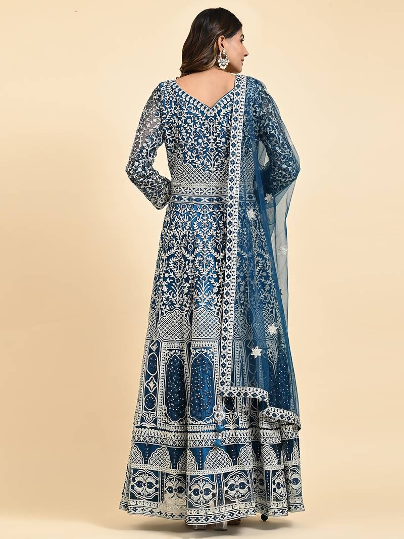 JUSTFASHION NET ANARKALI GOWN V NECK BLUE