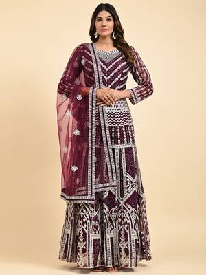 JUSTFASHION NET ANARKALI GOWN V NECK WINE 1