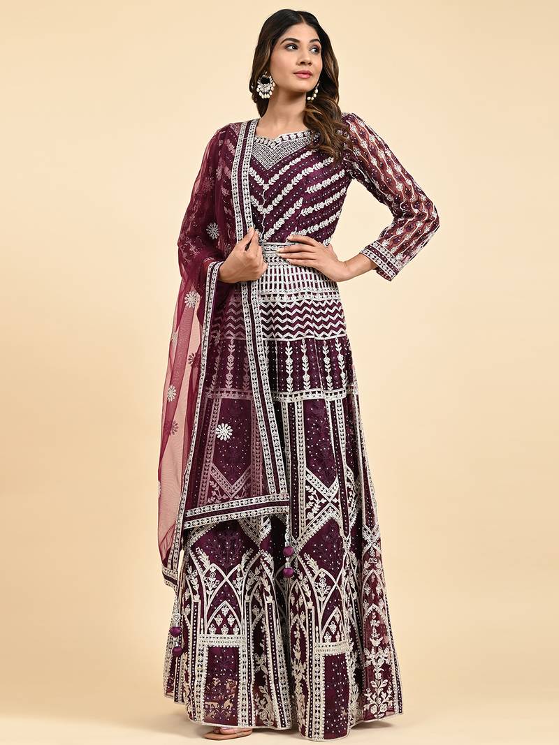 JUSTFASHION NET ANARKALI GOWN V NECK WINE