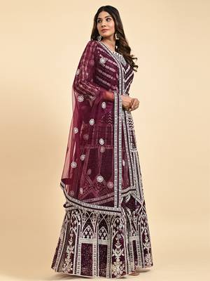 JUSTFASHION NET ANARKALI GOWN V NECK WINE 3