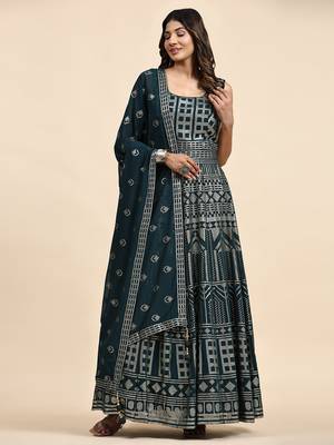 JUSTFASHION Georgette ANARKALI GOWN Round NECK TURQUOISE COLOR  1