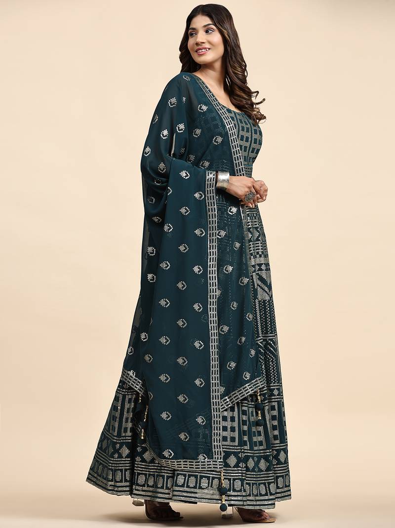 JUSTFASHION Georgette ANARKALI GOWN Round NECK TURQUOISE COLOR 