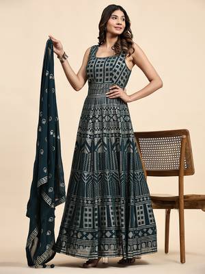 JUSTFASHION Georgette ANARKALI GOWN Round NECK TURQUOISE COLOR  3