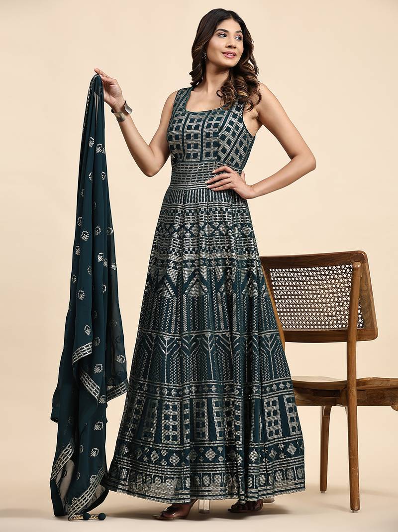 JUSTFASHION Georgette ANARKALI GOWN Round NECK TURQUOISE COLOR 