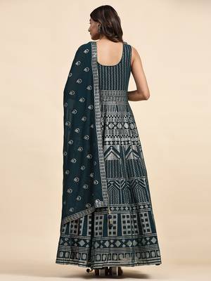 JUSTFASHION Georgette ANARKALI GOWN Round NECK TURQUOISE COLOR  4
