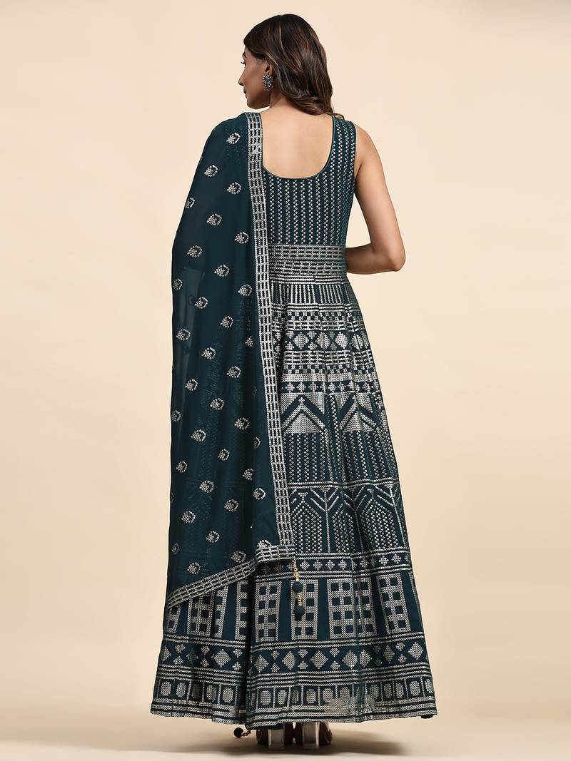 JUSTFASHION Georgette ANARKALI GOWN Round NECK TURQUOISE COLOR 