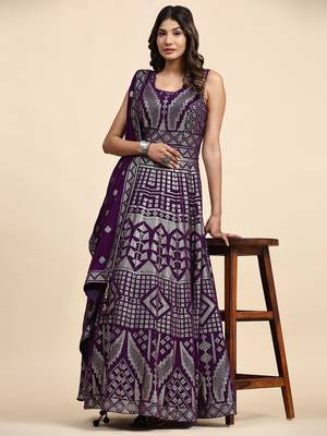 JUSTFASHION Georgette ANARKALI GOWN Round NECK PURPLE COLOR  1