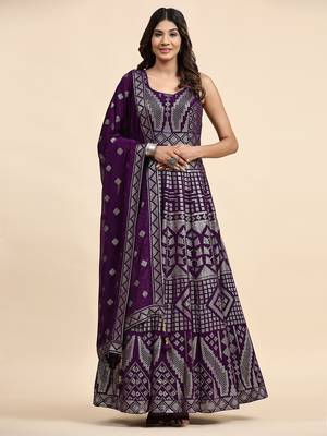 JUSTFASHION Georgette ANARKALI GOWN Round NECK PURPLE COLOR  2