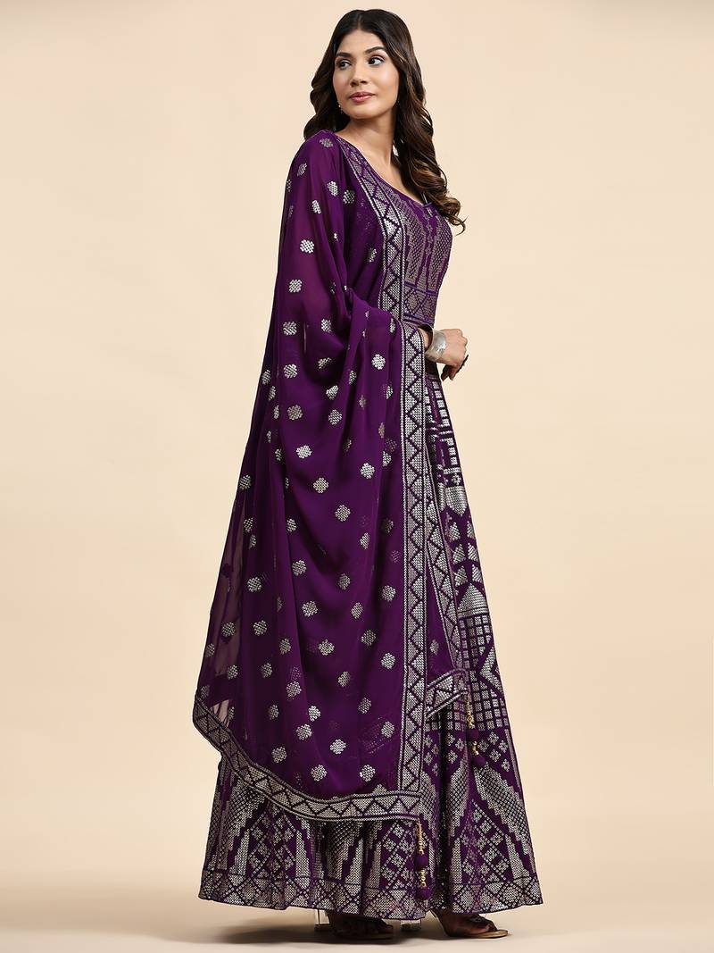 JUSTFASHION Georgette ANARKALI GOWN Round NECK PURPLE COLOR 