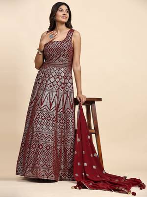 JUSTFASHION Georgette ANARKALI GOWN Round NECK MAROON COLOR  1