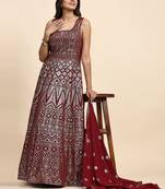 JUSTFASHION Georgette ANARKALI GOWN Round NECK MAROON COLOR 