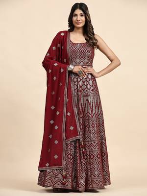 JUSTFASHION Georgette ANARKALI GOWN Round NECK MAROON COLOR  2