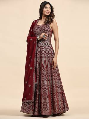 JUSTFASHION Georgette ANARKALI GOWN Round NECK MAROON COLOR  3