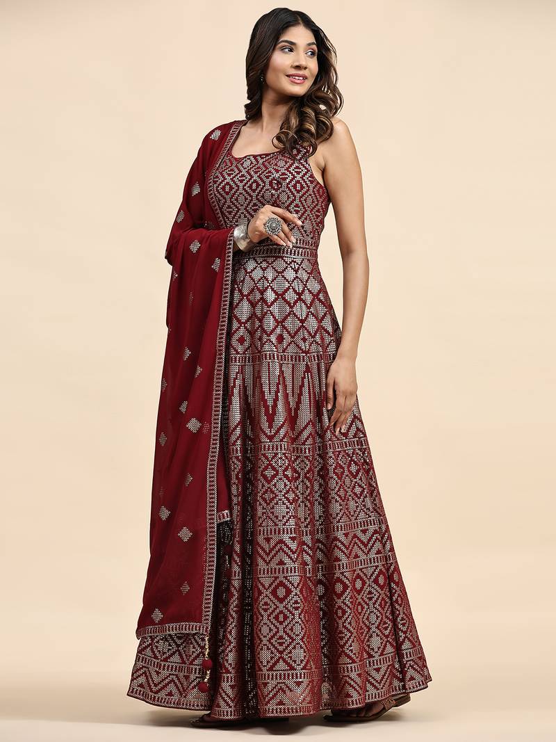 JUSTFASHION Georgette ANARKALI GOWN Round NECK MAROON COLOR 