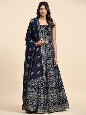 JUSTFASHION Georgette ANARKALI GOWN Round NECK BLUE COLOR  1