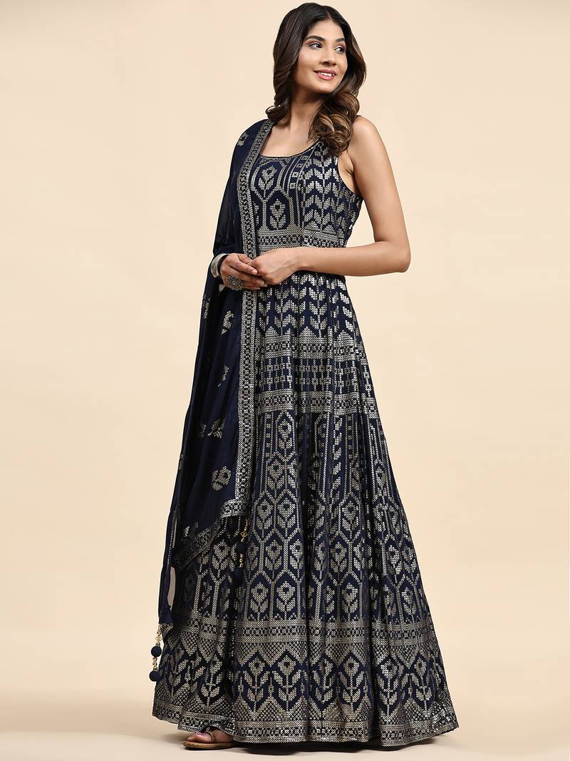 JUSTFASHION Georgette ANARKALI GOWN Round NECK BLUE COLOR 