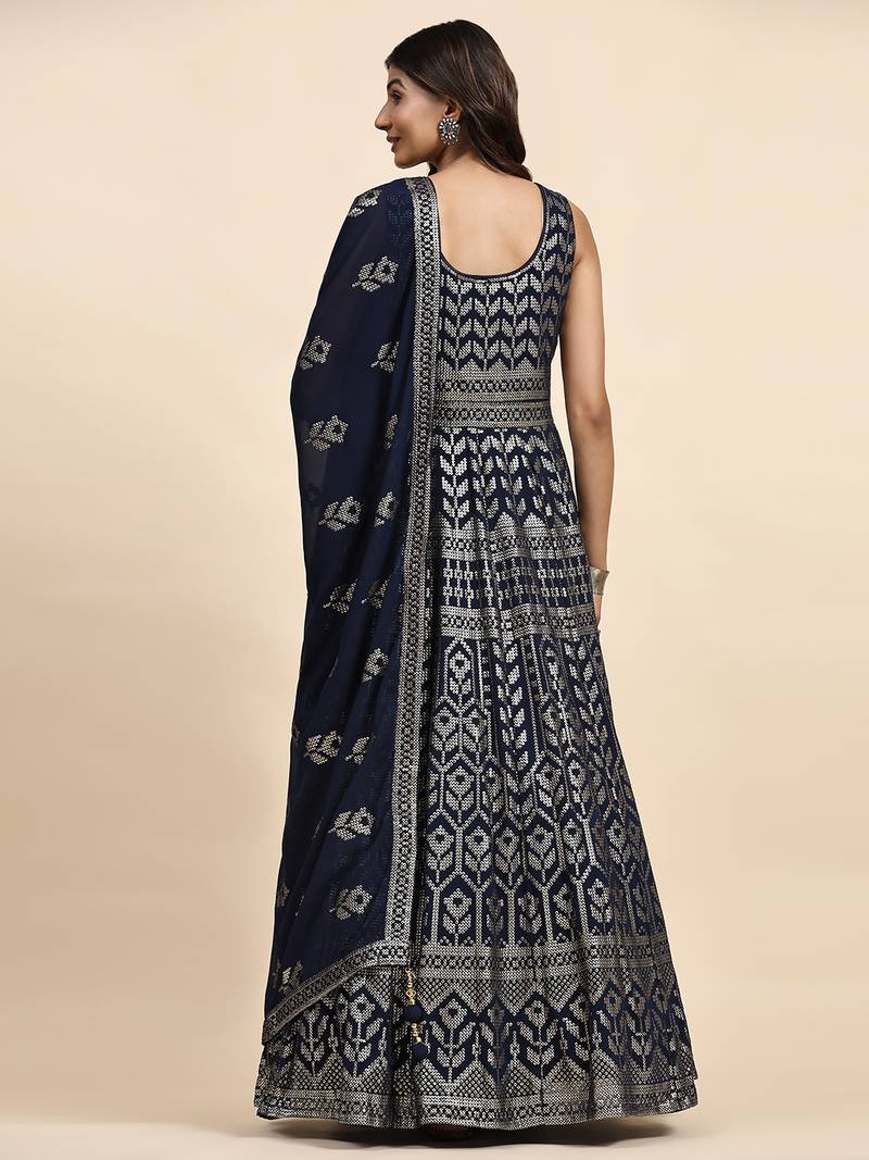 JUSTFASHION Georgette ANARKALI GOWN Round NECK BLUE COLOR 