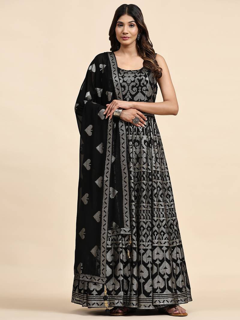 JUSTFASHION Georgette ANARKALI GOWN Round NECK BLACK COLOR 