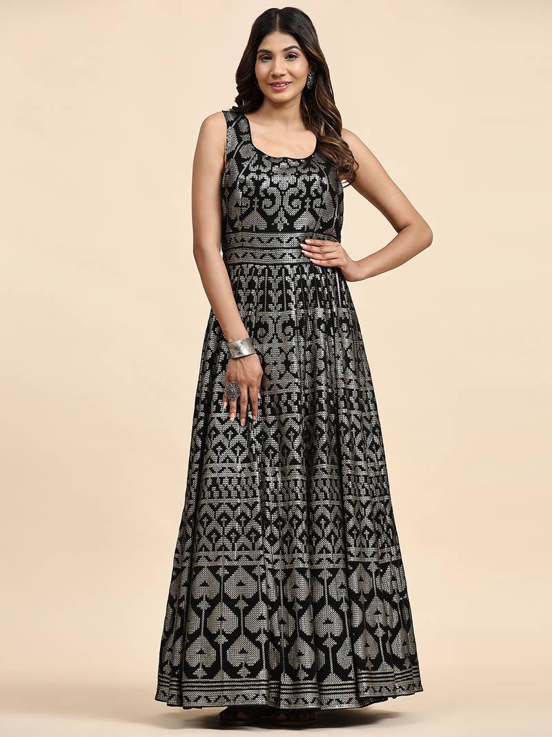 JUSTFASHION Georgette ANARKALI GOWN Round NECK BLACK COLOR 